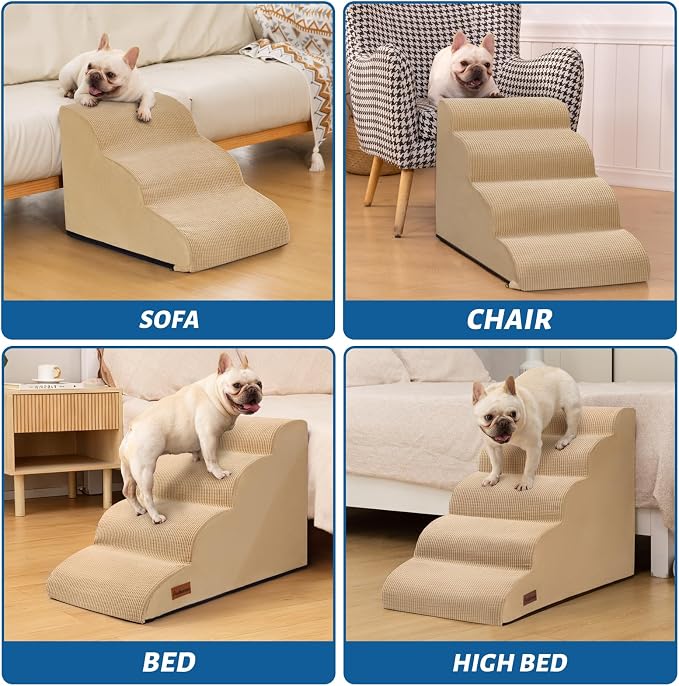 Aodisman Dog Steps for Bed or Couch,4-Step Pet Stairs Ramp for Small Dogs | 17.4" H Indoor Non-Slip Dog Stairs Help Senior Dogs,Short-Legged Breeds,Puppies and Cats to Reach Beds and Chairs,Grey,Khaki