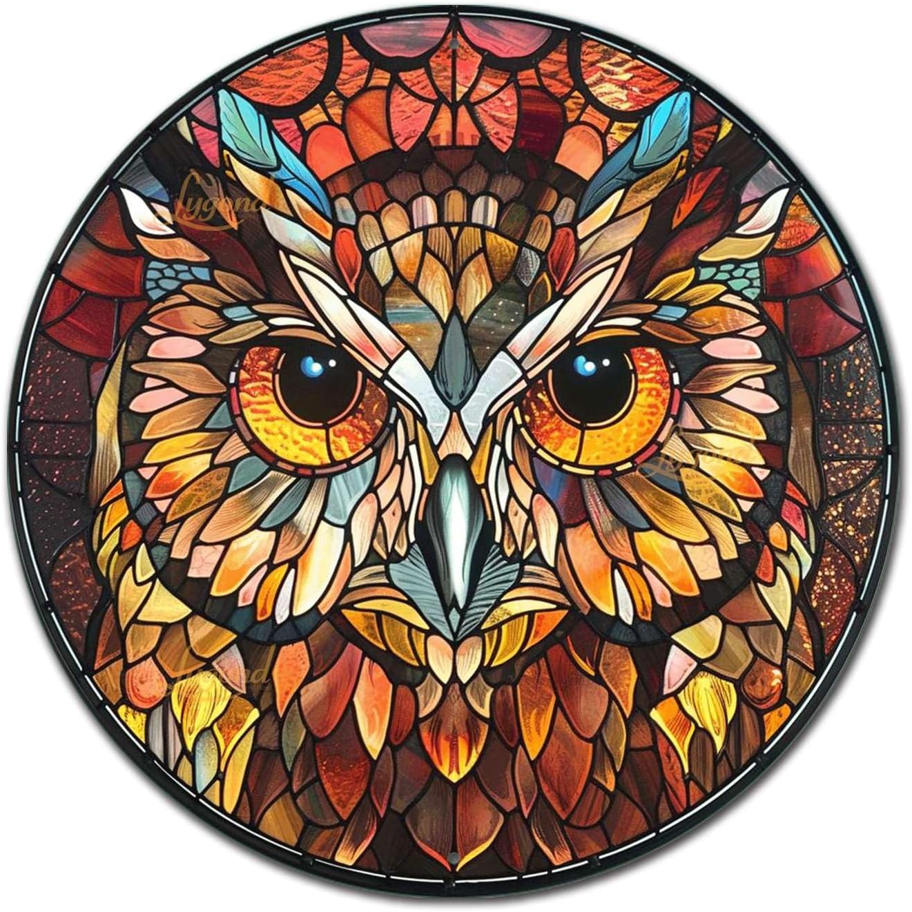 Lygond Metal Sign Tin Sign Circular Stained Glass Owl Metal Sign for Patio 8×8 Inches