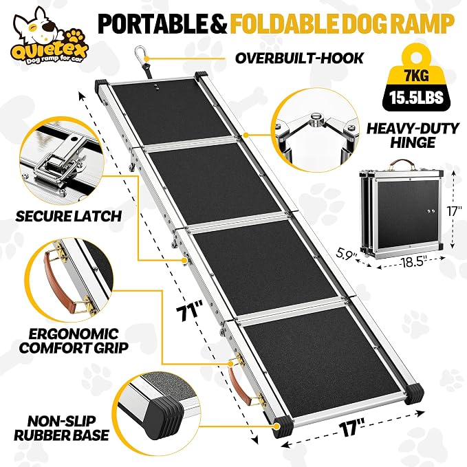 71”Dog Ramp for Car SUV Truck with Adjustable Head | Aluminum Alloy Dog Ramp, Foldable Outdoor Pet Ramp,Up to 200 LBS,Non-Slip Surface Dog Ramps