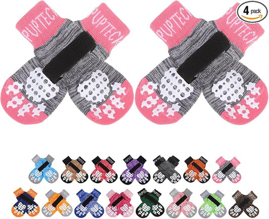 PUPTECK Anti-Slip Dog Socks with Double Sides Grips for Small Medium Large Dogs Hardwood Floors Prevents Licking, Dog Shoes for Hot Pavement Traction Control for Senior Dogs, Grey&Pink S