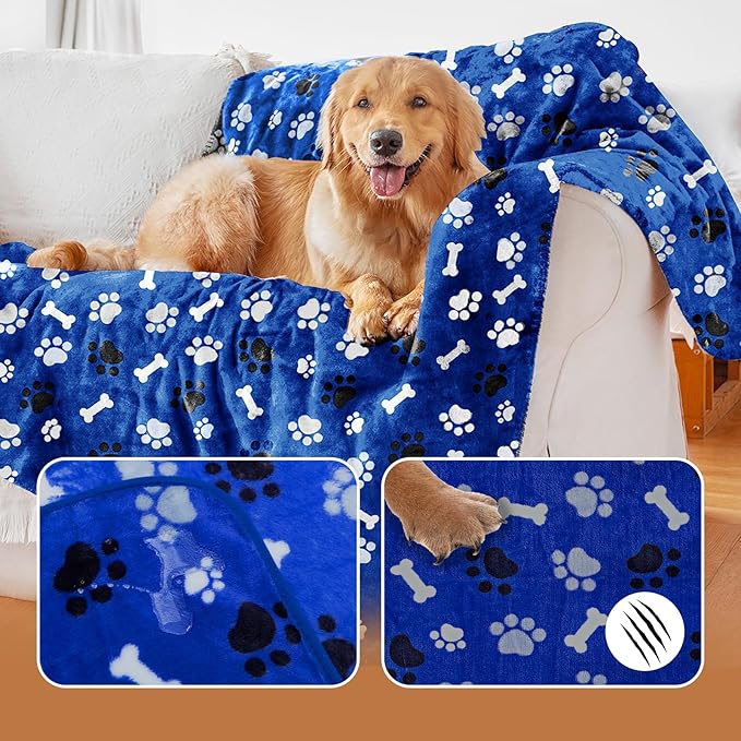 Dog Blanket Paw Bone Pattern 1 Pack 2 Super Soft Warm Flannel Sofa Cover Car Bed Protector, Urine Proof Washable Outdoor Pet Blanket for Puppy Large Dogs & Cats,60"*50" Blue