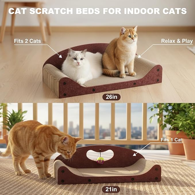 21" Cat Scratcher Bed, Scratcher Couch for Indoor Cats, Cardboard Scratcher Sofa, Durable Scratch Pad with Ball, Furniture Protector (Brown, Medium)