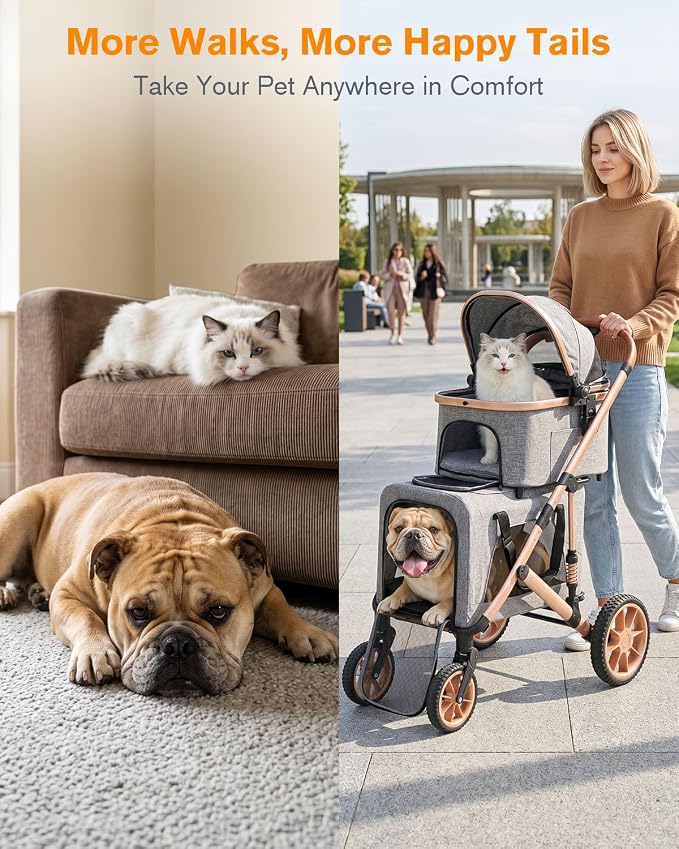HOVONO Double Dog Stroller for 2 Small & Medium Dogs/Cats Up to 60 lbs | 3-in-1 Pet Stroller with Detachable Carrier, Lightweight Aluminum Alloy, Foldable Frame, Rubber Wheels with Suspension