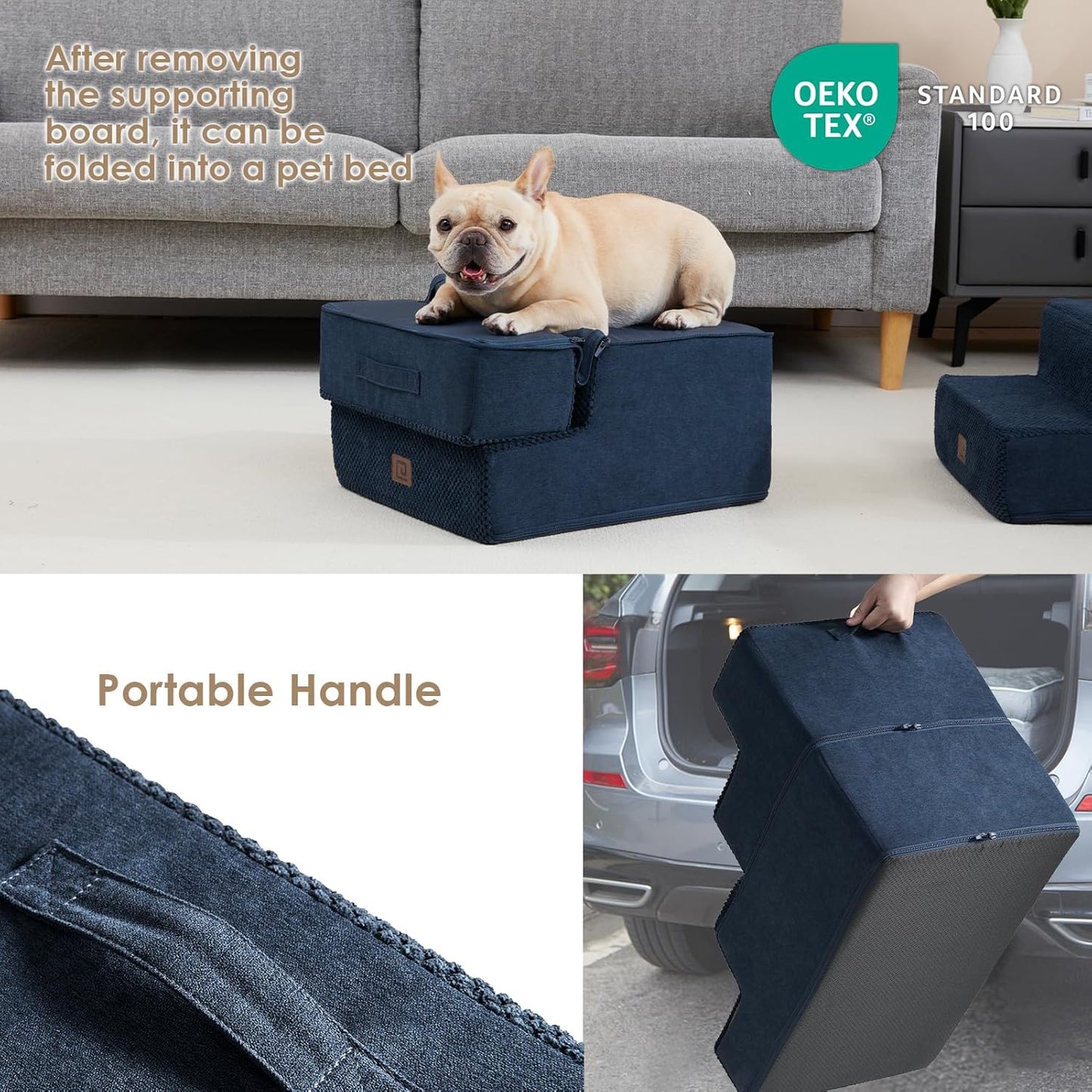 EHEYCIGA Dog Stairs for Small Dogs 13.5" H, 3-Step Dog Steps for Couch Sofa and Chair, Pet Steps for Medium Cats, Non-Slip Balanced Pet Ramp Indoor, Navy Blue