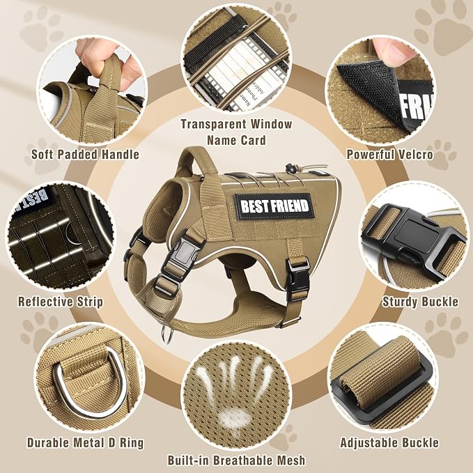 Tactical Dog Harness Small Sized Dog,No Pull Military Dog Vest with Handle,Reflective Heavy Duty Pet Harness for Walking Hiking Training Brown S