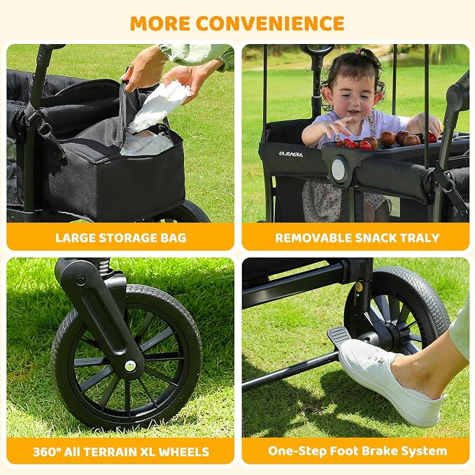ELEMARA Foldable Wagon Stroller, Stroller Wagon for 2 Kids, Premium All Terrain Wagon for Kids with Removable Canopy, Adjustable Push/Pull Handle, Harnesses, Large Storage Bag, Black