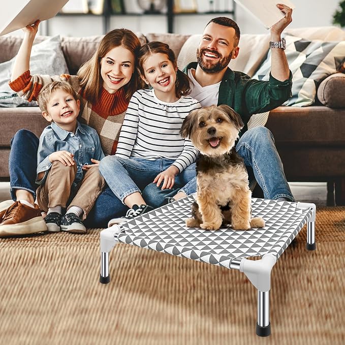 Kuntrust Elevated Outdoor Dog Bed for Small Pets，Fits up to 50lbs | Breathable Fabric, Dual-Layer Cotton, Stainless Steel Frame, Anti-Slip Feet