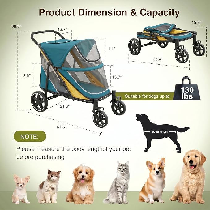 Dog Stroller for Medium/Large Dogs One-Click Folding, Extra Large Pet Stroller for 2 Dogs with Storage Pocket & Shock Absorption, Up to 130 lbs, Blue
