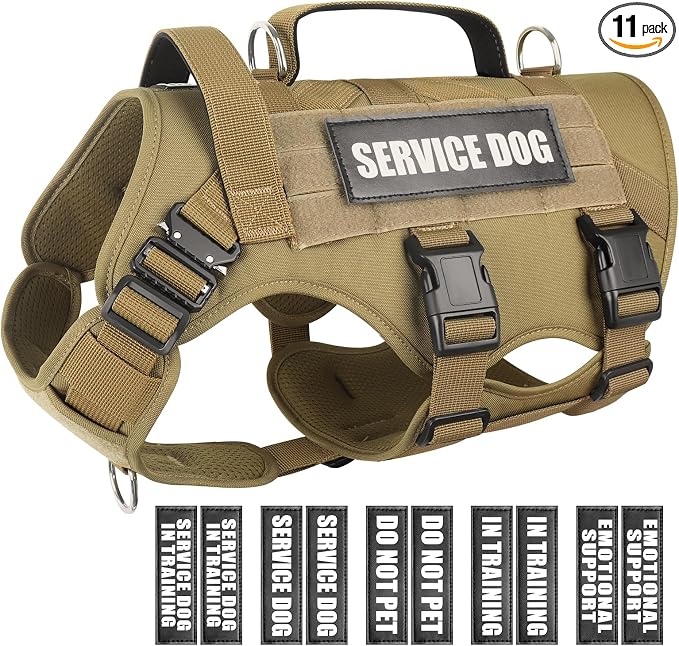 Service Dog Vest Harness for Large Dog, Tactical Working MOLLE Vest with 10 Pet Patches, No Pull Heavy Duty Harness for Training Walking