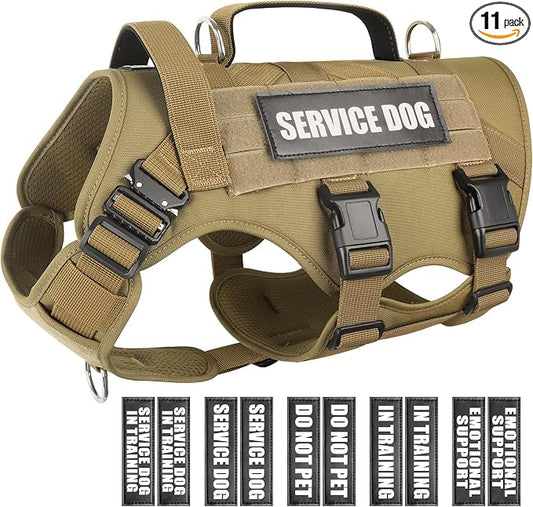 Service Dog Vest Harness for Large Dog, Tactical Working MOLLE Vest with 10 Pet Patches, No Pull Heavy Duty Harness for Training Walking