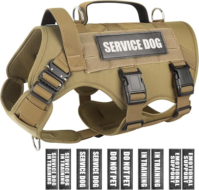 Service Dog Vest Harness for Large Dog, Tactical Working MOLLE Vest with 10 Pet Patches, No Pull Heavy Duty Harness for Training Walking