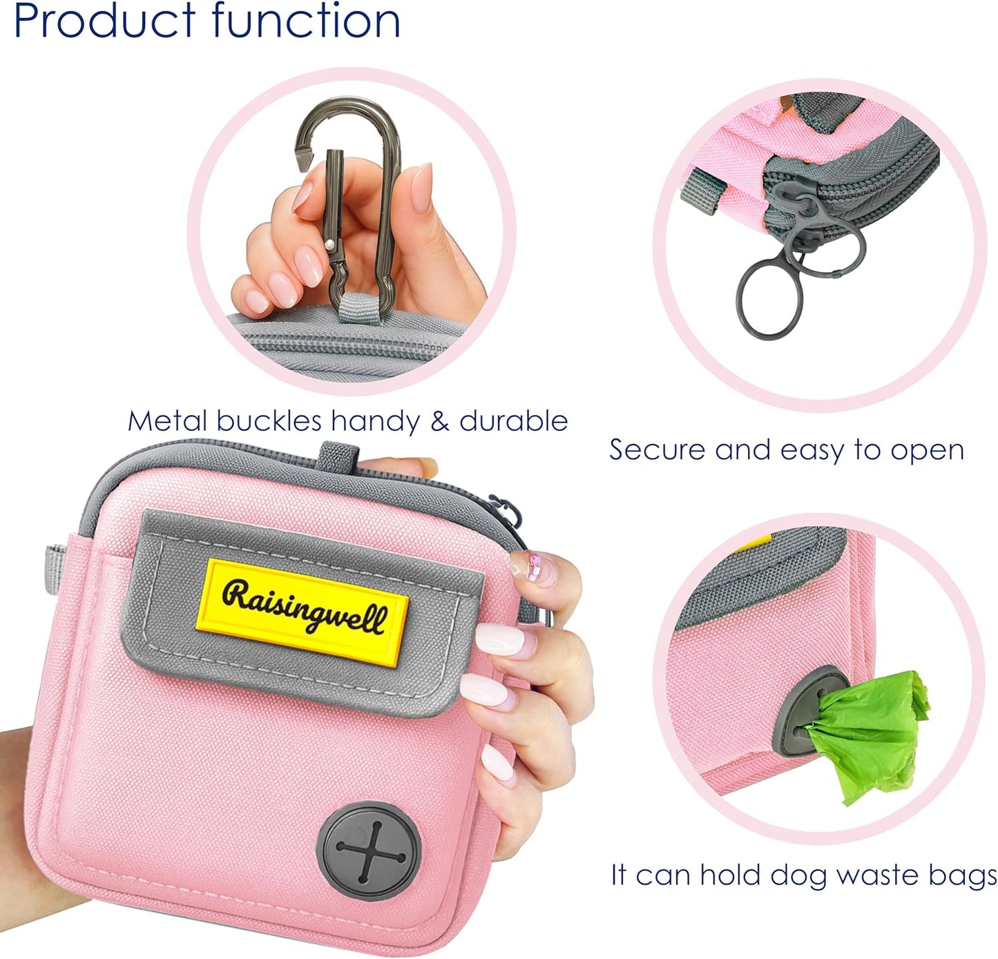 Dog Treat Pouch for Pet Walking and Training with Clicker Poop Bags and Three Bags Design Small Fanny Zipper Pack Holder for Puppy Snack Dispenser Kit for Leash and Outdoor Use (Pink)