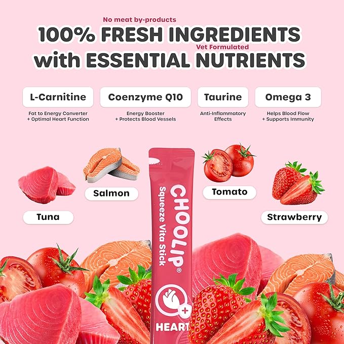 Choolip Squeeze Vita Stick Lickable Cat & Dog Treats – 14 Sticks (2×7 Value Bundle) Heart Support, Creamy Grain-Free Puree with Omega 3, Taurine, L-Carnitine & CoQ10 for Cardiovascular Health & Energy