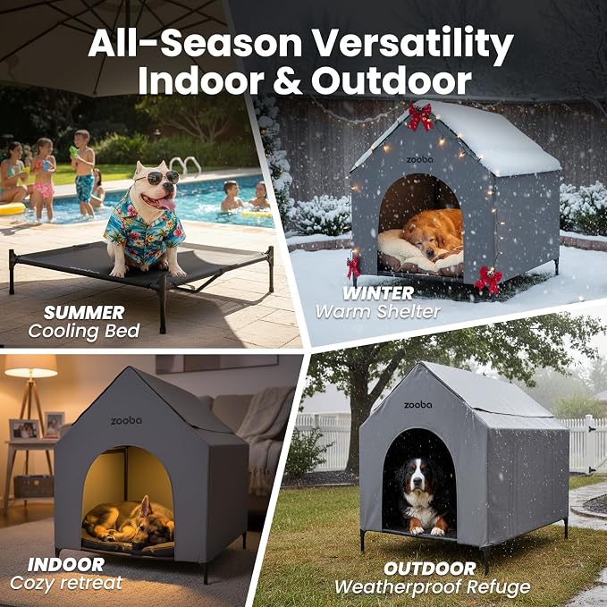 Zooba 29in Medium Dog House Outdoor, Elevated Dog Bed with Canopy, Grey | Weather-resistant 600D PVC canopy, breathable 2x1 Textilene elevated bed, steel frame; indoor or outdoor; easy to clean