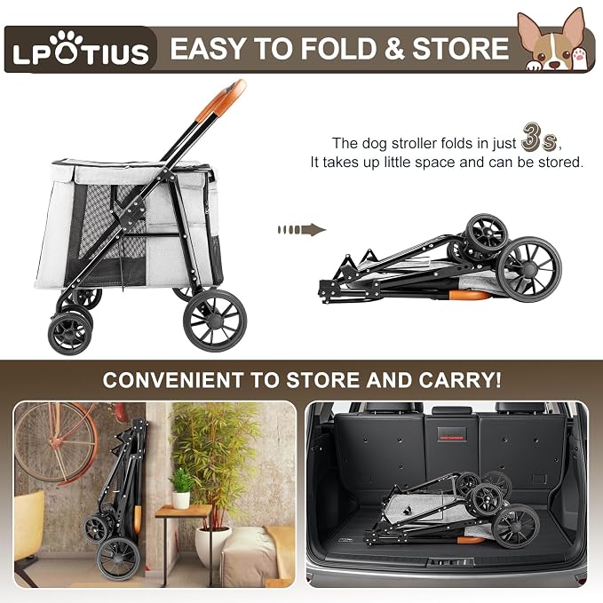 Pet Stroller for Large & Medium Dogs up to 70 lbs, 4-Wheel Extra Large Dog Stroller with 3-Way Entry & Sunshade, Heavy Duty Puppy Wagon with One-Click Folding, All-Terrain & Ventilated, Gray