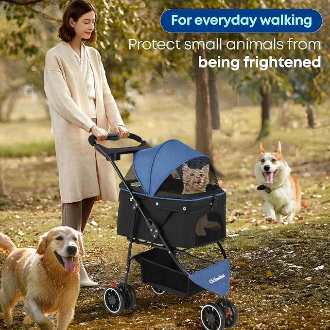 Pet Stroller,Dog Stroller for Small Medium Dogs Cats,3 Wheels,Foldable,with Breathable Mesh Canopy,Cup Holders,Easy Assembly (Blue+Black)