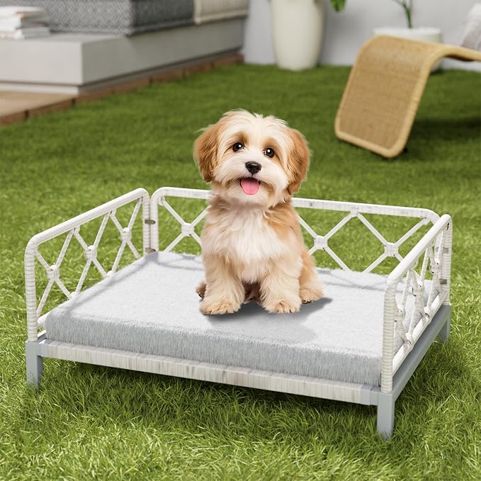 Indoor & Outdoor Dog Bed, Elevated All-Weather Wicker Pet Sofa with Washable Waterproof Cushion, Durable Rattan Dog Couch for Small Dogs, White Rattan/Grey Mat