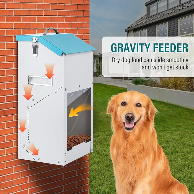 15lbs Automatic Dog Feeder Outdoor Dog Food Dispenser | Galvanized Gravity Cat Feeder with Clear Door, Metal Feeder for Dog, Puppy, Cat, Indoor&Outdoor Use
