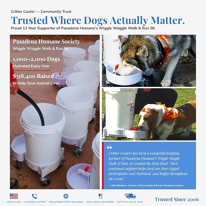 6.5 Gallon Top Fill Gravity-Fed Dog Waterer, Locking Wheels, Food Grade | Choose quality over disposable products, with US support and replaceable parts.