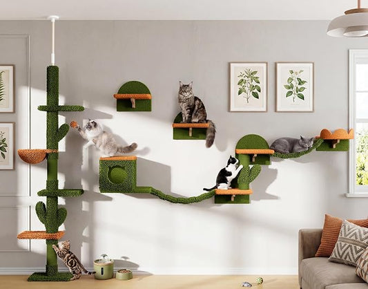 Cactus Floor to Ceiling Cat Tower, 10-in-1 Cat Wall Shelves, Green | Cats Tree with Adjustable Height(87-104 IN), Cat Climbing Wall Furniture Set for 16 Inch Drywall, with Scratching Post, Condo