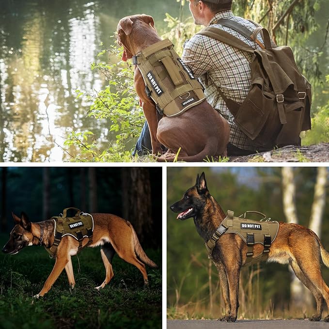 Tactical Molle Vest Mesh Dog Harness with 10 Removale Pet Patches | Breathable Service Dog harness with Double Soft Padded Handle for Large Dog, Reflective Military Pet Vest for Walk Hiking