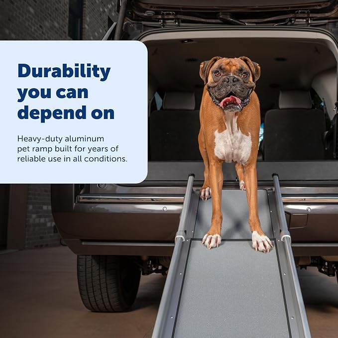 PetSafe Happy Ride Compact Telescoping Dog Ramp | Most Compact Size, Extends 28-70 in for Most Vehicles, Rubber Feet, Side Rails, Safety Latch, Supports Dogs up to 300 Lb