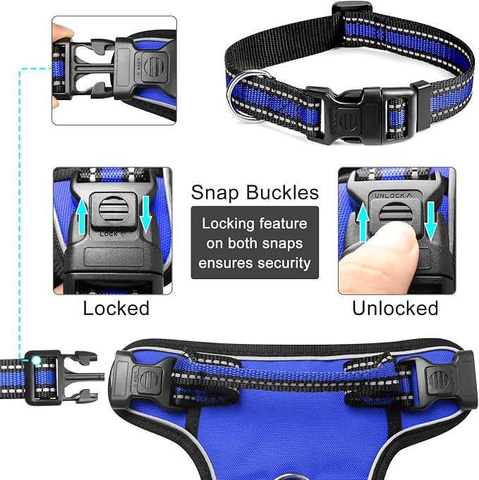 Dog Harness No Pull, Pet Harnesses with Dog Collar, Adjustable Reflective Oxford Outdoor Vest, Front/Back Leash Clips for Small, Medium, Large, Extra Large Dogs, Easy Control Handle for Walking