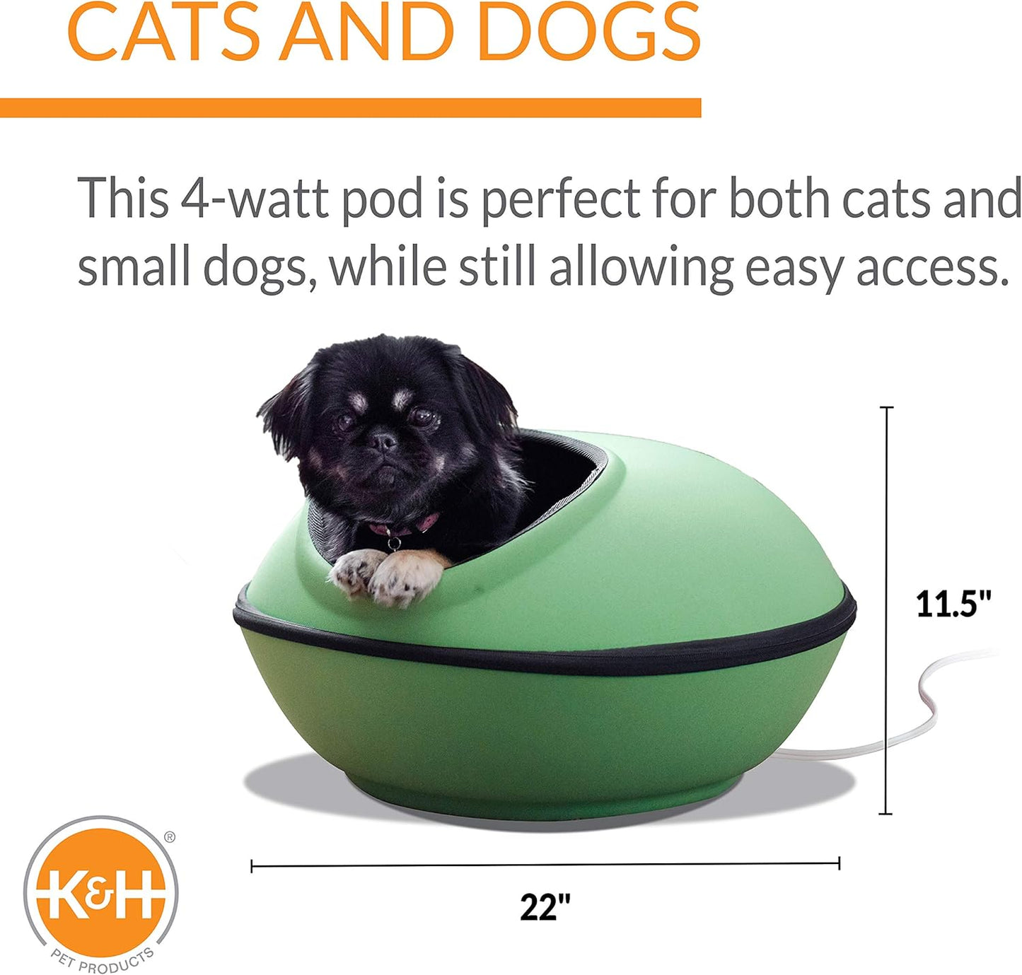 K&H Pet Products Heated Cat Bed for Large Cats, Thermo-Kitty Mod Dream Pod Heated Cat Cave Tent House Bed for Indoor, Warming, Washable Cushion, Waterproof Heater, Safety Listed - 22in Round Green