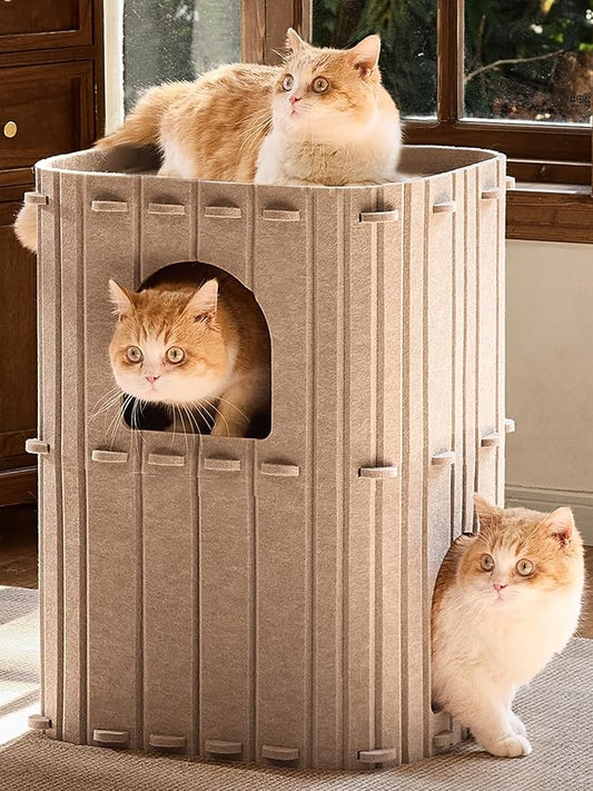 FUKUMARU Cat House for Indoor Cats, Warm Felt Cat Bed, Scratch Resistant | Large Cat Bed Cave, 3-in-1 Cat Condo, Cozy Felt Covered Cats Tunnel, 23.62 Inch Kitten Hideaway for Multicats, Beige