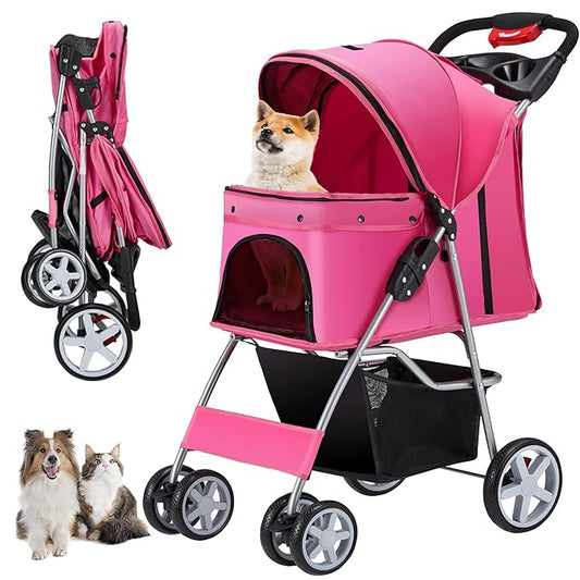Unisakey 4 Wheels Pet Stroller for Small Medium Dogs Cats 10-33 lbs, Foldable Dog and Cat Stroller with Cup Holder & Storage Basket & Breathable Mesh, Pet Strolling Cart for All-Season, Pink