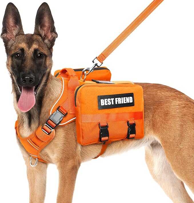 Dog Backpack Harness and Leash Set for Large Dogs Orange L | Removable Side Pockets Dog Vest with Padded Handle&MOLLE,No Pull Front&Back Metal Clips for Hiking Training Walking Hunting