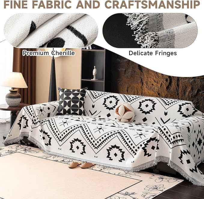 VClife Southwestern Tribal Sofa Cover Bohemian Black White Aztec Geometric Pattern Couch Cover Furniture Protector with Tassel Fringe 3-Seater Couch Cushion Cover 71" X 134"