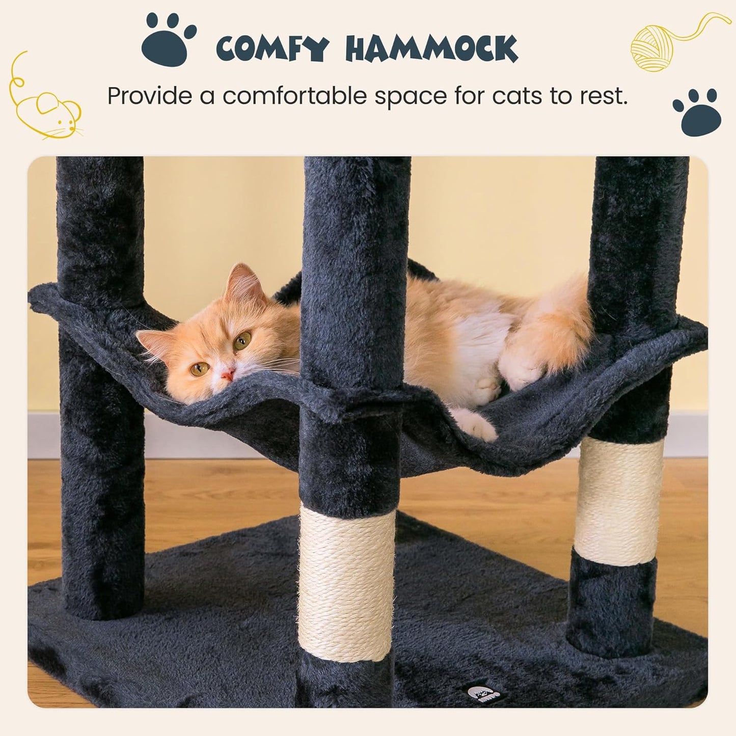 MWPO 63.8 inches Multi-Level Cat Tree for Large Cats with Sisal-Covered Scratching Posts, Padded Platform, Hammock and Condo,Stable Cat Tower Cat Condo Pet Play House-Smoky Gray