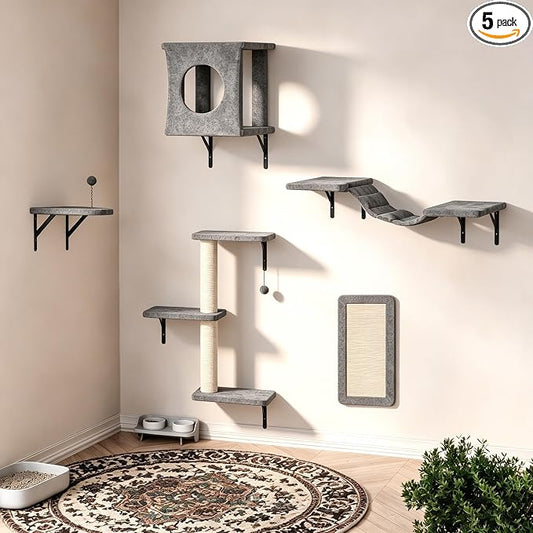5 Pcs Cat Wall Shelves Set, Wall-Mounted Climber with Cat House, Scratching Post, Bridge, Hammock, Space-Saving Play Furniture, Gray
