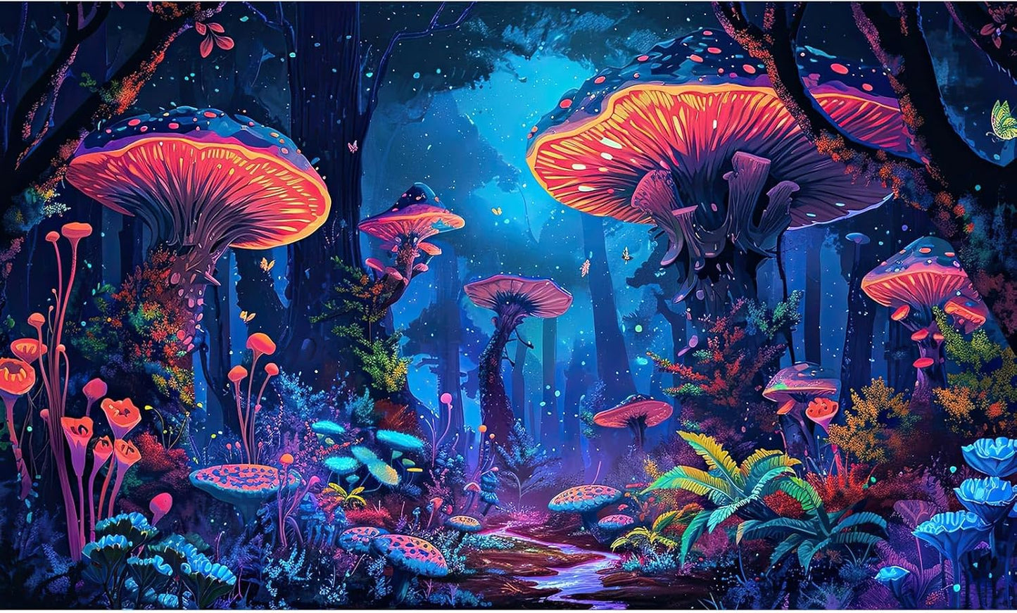 Mushrooms Aquarium Background Fantasy Bright Flowers Butterflies Fish Tank Backdrop Decoration Poster Trippy Wonderland Landscape with Giant Mystical Mushrooms Terrarium Background Decor 24x16in