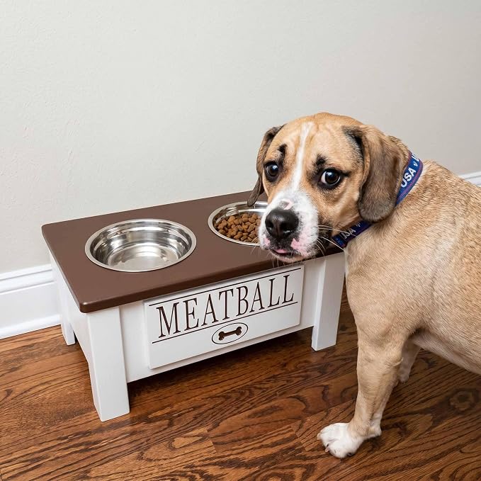 Elevated Dog Bowls, Personalized Raised Dog Bowl Stand for Medium Dogs | Farmhouse Style, Elevated Wood Stand, Storage Container, Stainless Steel Bowls, Raised Anti-Slip Feeder, Made in USA