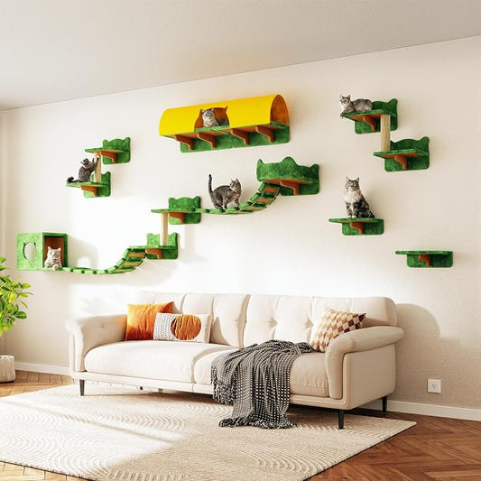 Cat Wall Furniture, 9 in 1 Cat Wall Shelves Set with Bridge, Beige | Wall Mounted Cats Shelf for Space-Saving, Multi-Level Cat Climbing Systems for 16 Inch Drywall, with Scratching Posts, Condos