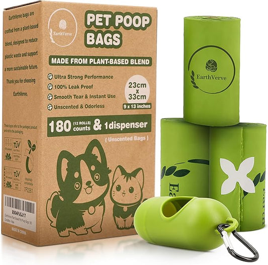 EarthVerve Dog & Cat Compostable Poop Bags (180 Counts w/Dispenser) - Plant Based, Enhanced Leak-Resistant, Odor-Resistant & Durable – Unscented,Sustainable Cleanup Solution –10% to Animal Rescue