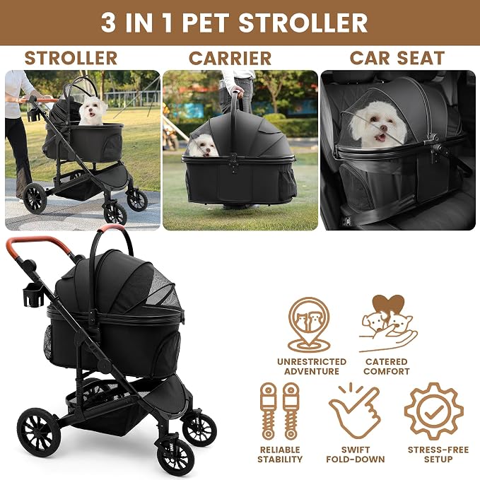 Bicystar Dog Stroller with Detachable Carrier, Rubber Wheels, 50 lbs, Black | 3-in-1 stroller and car seat, real solid rubber wheels, fits 2 small or 1 medium pet, foldable frame