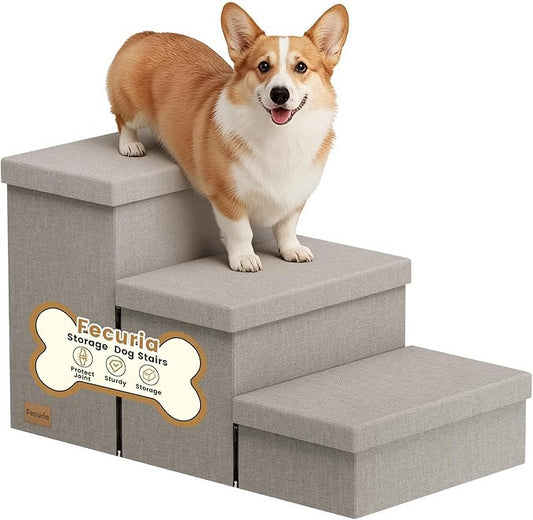 3-Step Wide Dog Stairs with Storage 18" H, Non-Slip Sturdy Pet Steps for High Bed Couch Window, Pet Stairs for Small/Medium/Large Old Dogs Cats Up to 200lbs, Cat Dog Steps for Car/SUV, Grey