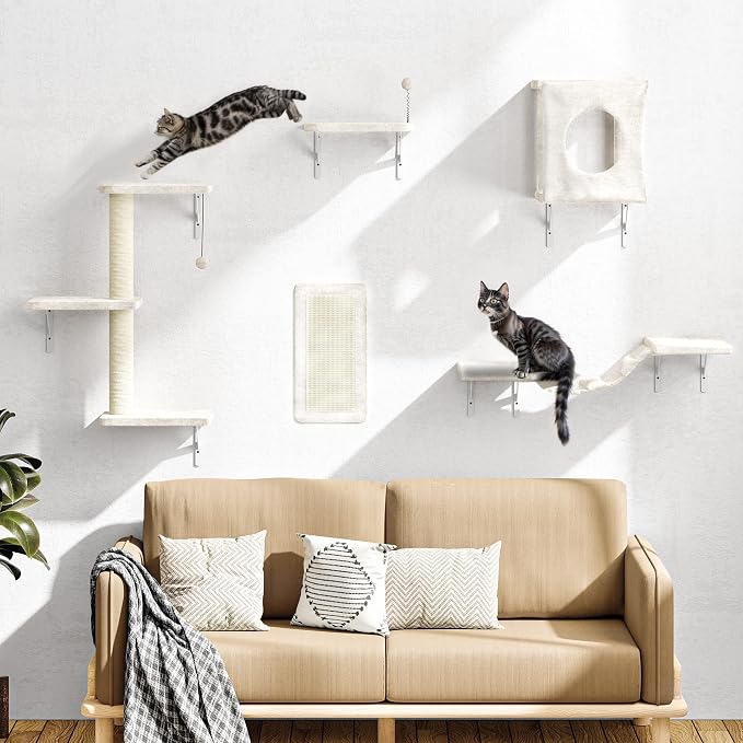 NUNU LAB Cat Wall Shelves Set, 5 Pcs Wall-Mounted Cat Climber with Cat House, Bridge, Scratching Post, Hammock, Wall Shelves, Beige