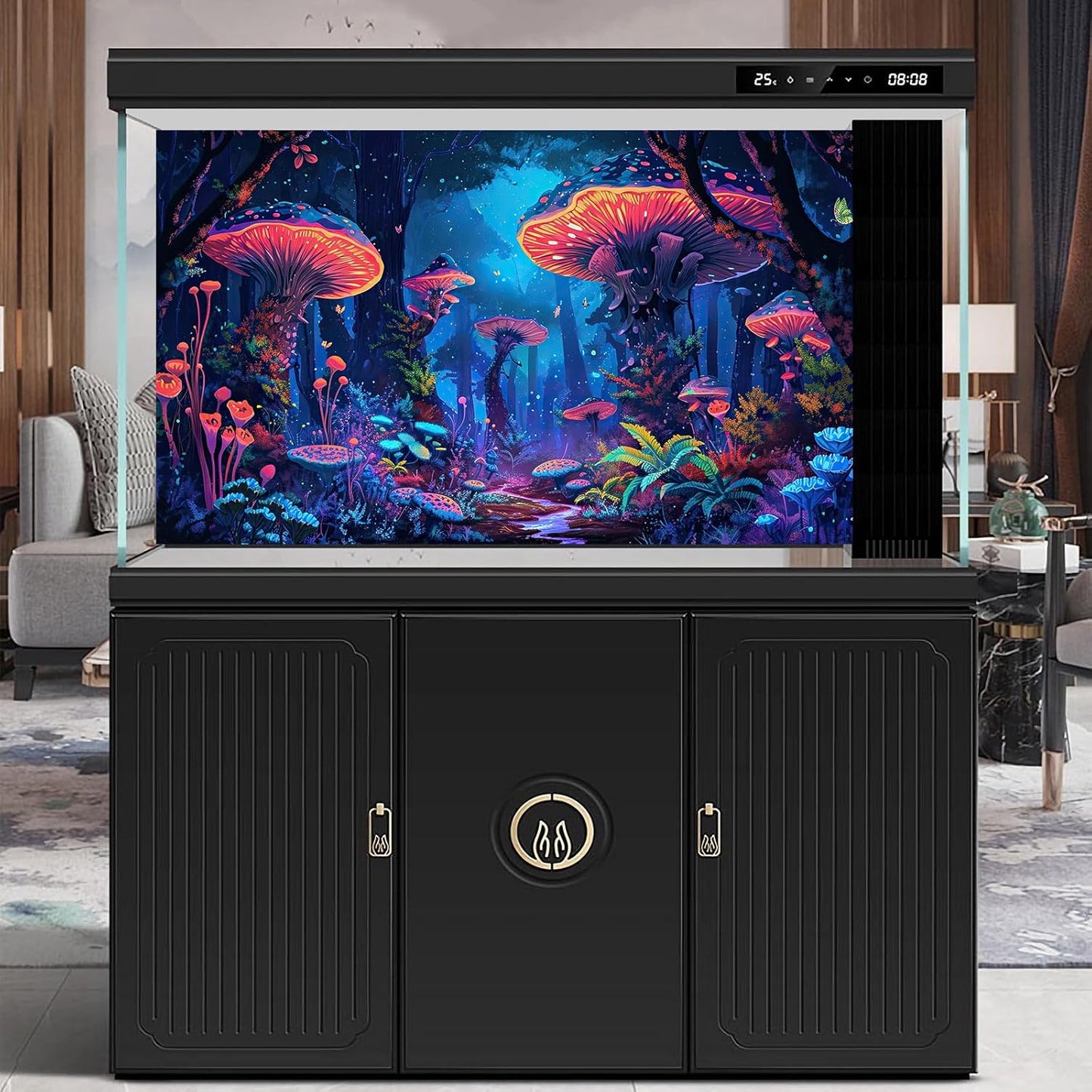 Mushrooms Aquarium Background Fantasy Bright Flowers Butterflies Fish Tank Backdrop Decoration Poster Trippy Wonderland Landscape with Giant Mystical Mushrooms Terrarium Background Decor 30x18in