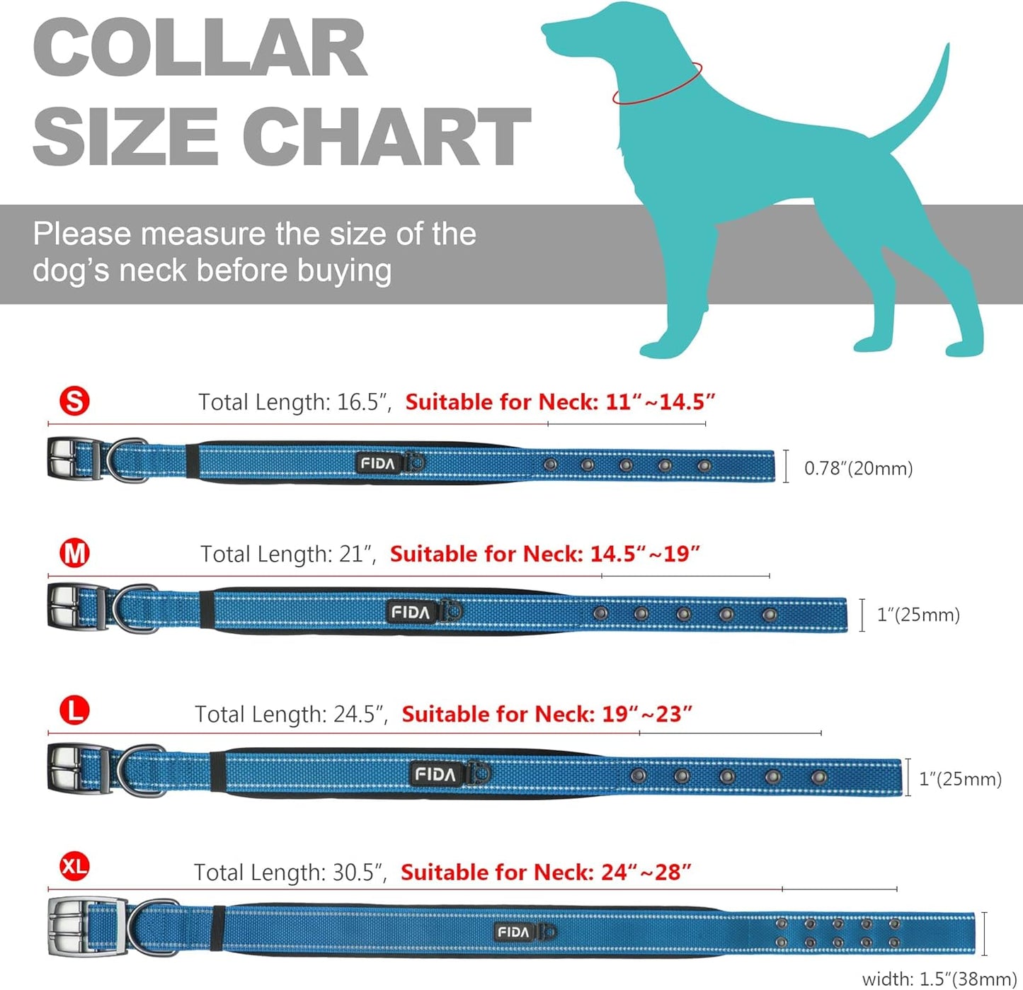Fida Heavy Duty Dog Collar, Ultra Comfortable Soft Neoprene Padded, Adjustable Reflective Nylon Pet Collar with Durable Metal Belt Buckle for Medium Breeds (M, Blue)