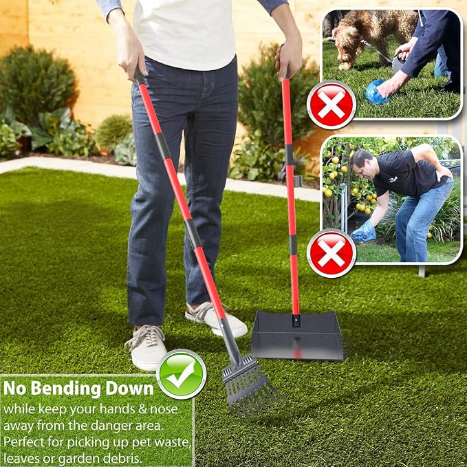 Heavy Duty Metal Pooper Scooper for Large Dogs,Long Handle Dog Pooper Scooper with Large 9.5'' Tray & Rake,Rustproof Aluminum Pet Waste Scooper for Grass,Gravel & Yard