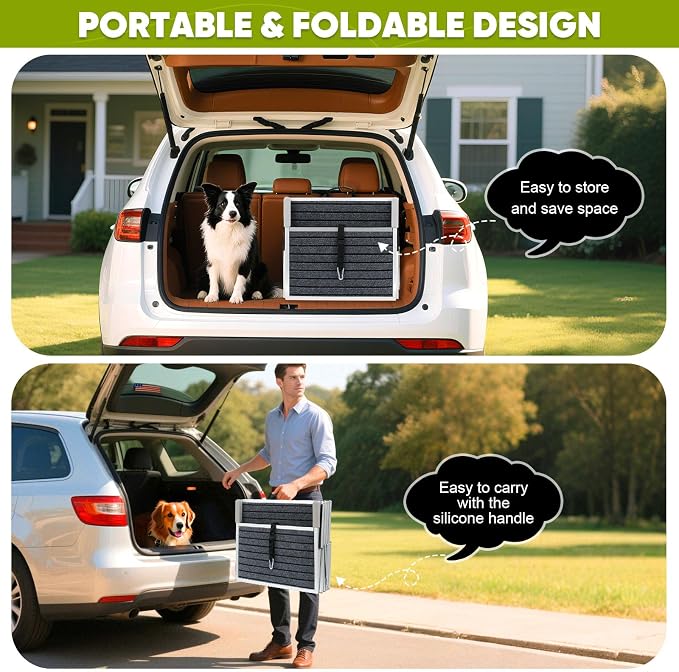 Joyrally 4-Step Dog Stairs for Car, Large Dogs, Rug with Iron Bars | 20 in extra-wide aluminum frame, rug surface and support bars for SUV and truck trunks, for senior and injured dogs
