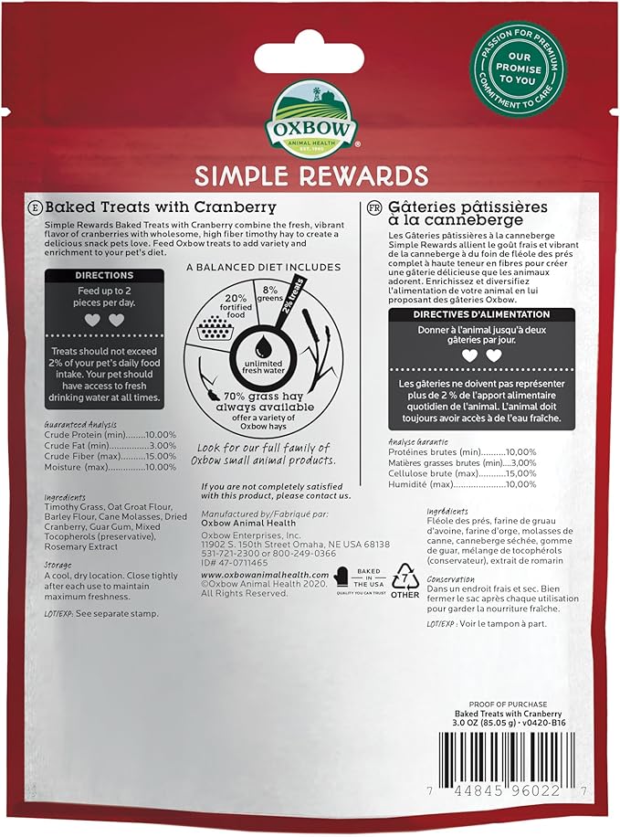 Oxbow Simple Rewards Baked Cranberry Treats, Rabbit & Guinea Pig Treats Made with Timothy Hay, Healthy Guinea Pig, Hamster & Bunny Snack, Timothy for Rabbit, Made in USA, 3 oz Bag