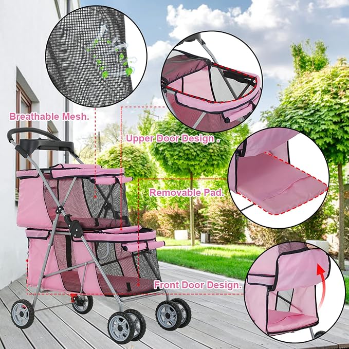 Double Layer Dog Stroller for 2 Small Dogs/Cats, 4 Wheels Pet Jogger With Removable Liner, Storage Basket, Rear Wheel Break - Folding Double Decker Portable Crate