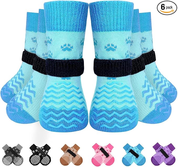 EXPAWLORER 6Pcs Anti Slip Dog Socks to Prevent Licking Paws, Dog Shoes for Hot Pavement Double Sides Dog Boots & Paw Protectors Booties for Hardwood Floors with Grip Small Medium Large Senior Dogs, S