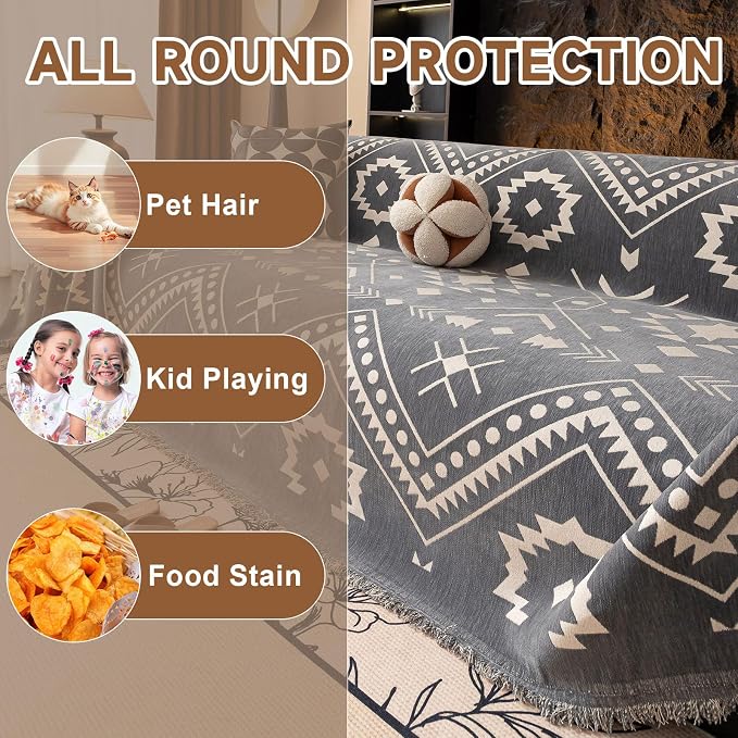 VClife Bohemian Aztec Couch Cover Sectional Sofa Slipcover Washable Chenille Couch Cover for 3 Cushion Couch Sofa - Gray White Tribal Geometric Pattern Furniture Protector with Tassel Edge 71" X 134"