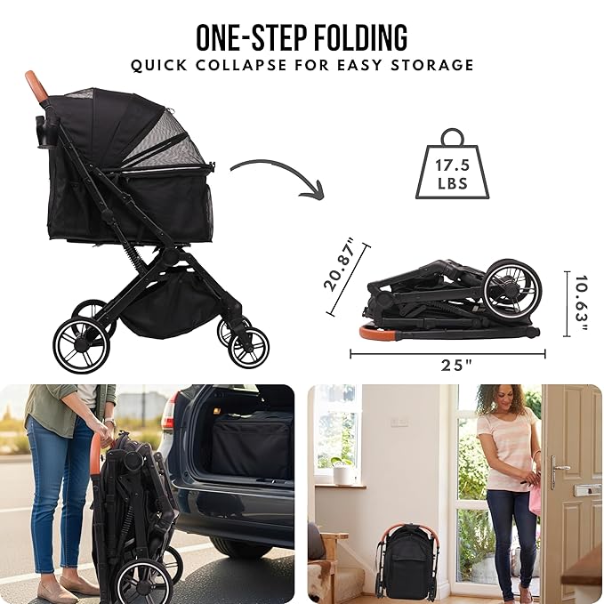 Bicystar Foldable Dog Stroller for Small Medium Dogs & Cats, 45 lbs, Black | For senior & injured pets, Travel-friendly, All-terrain 4 wheels, Aluminum frame, 42" handle for tall users, Two tethers